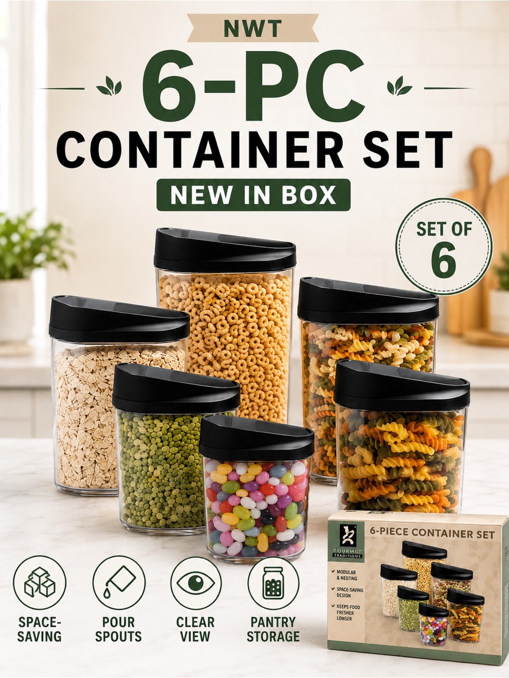 NWT Gourmet Traditions 6-Piece Modular Nesting Container Set Kitchen Storage